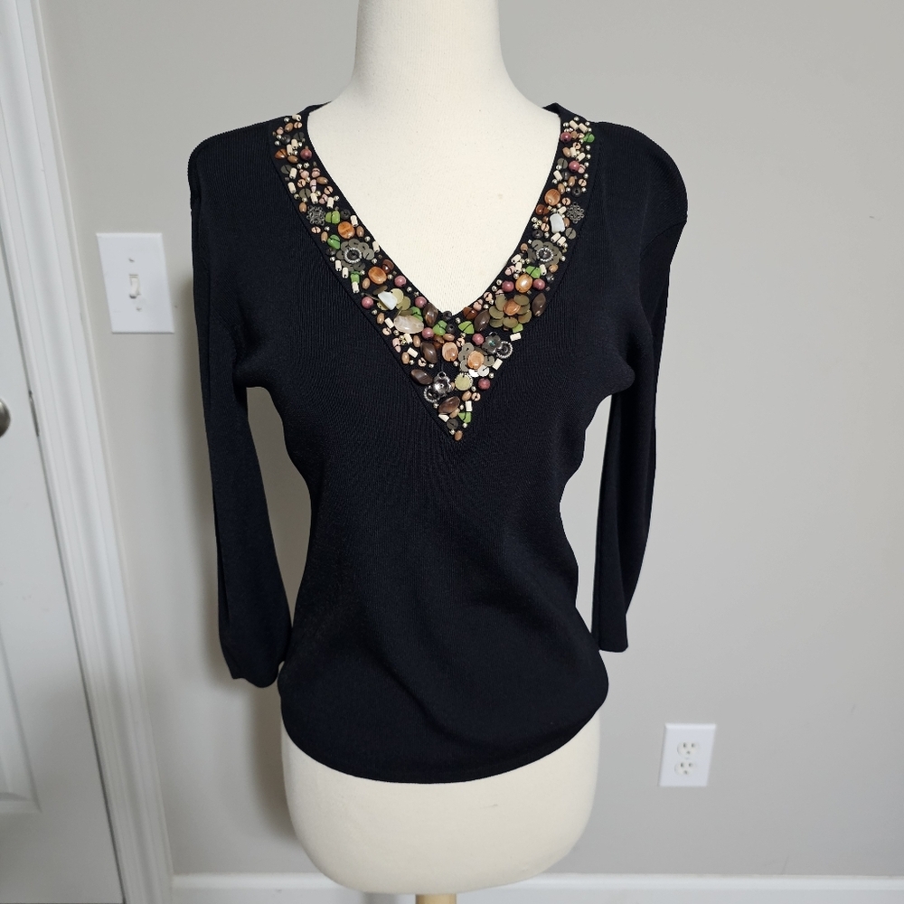 Joseph A. Black Beaded V-Neck Sweater Top Medium Y2K Qu'est-ce Que C'est Silk